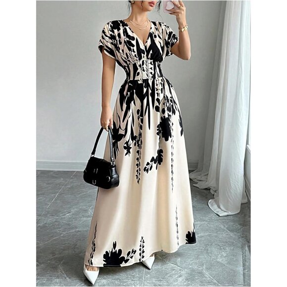 Women's Floral V Neck Maxi Dress Short Sleeve Smocked Flowing Summer Dress - Picture 4 of 5